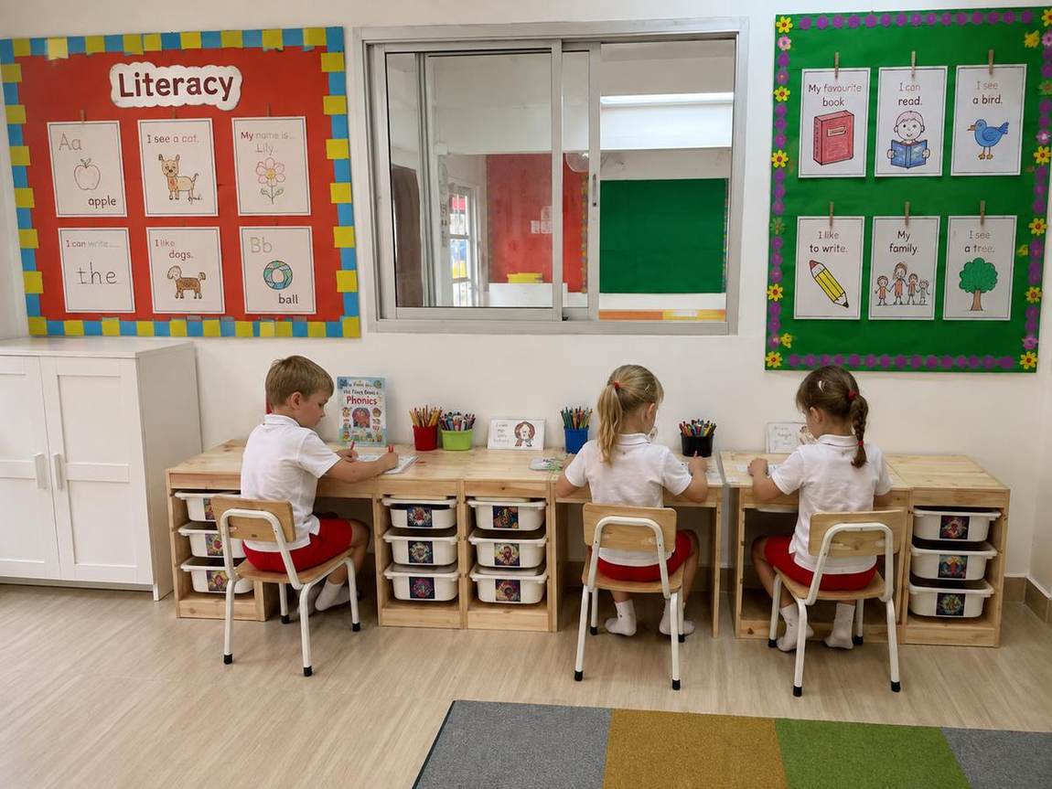 Key Stage 1 students working at their literacy desks