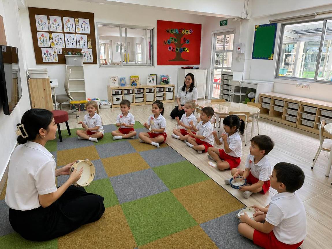 Teacher and students in a music and movement circle time session