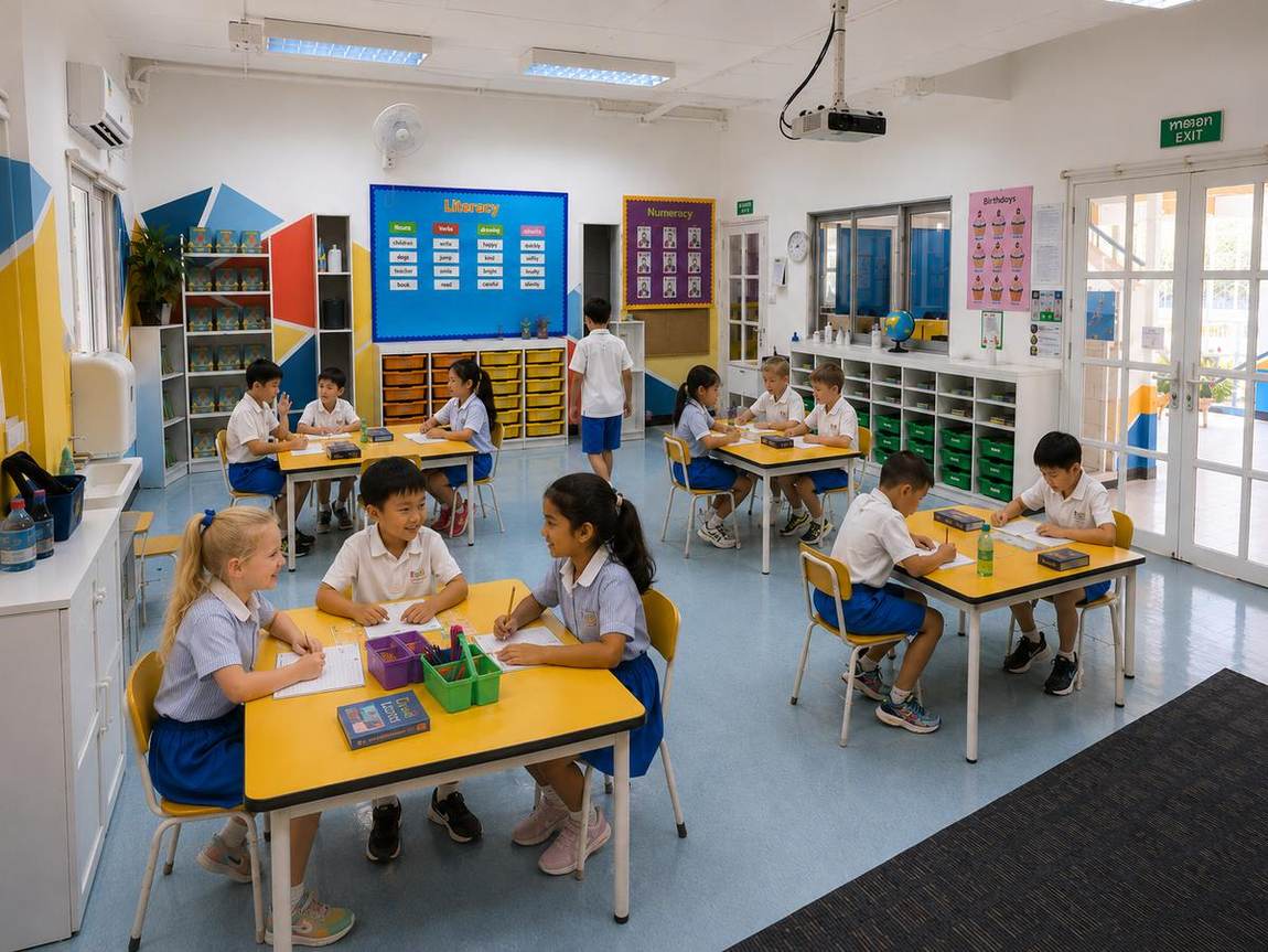 Students working at desks in a literacy and numeracy classroom