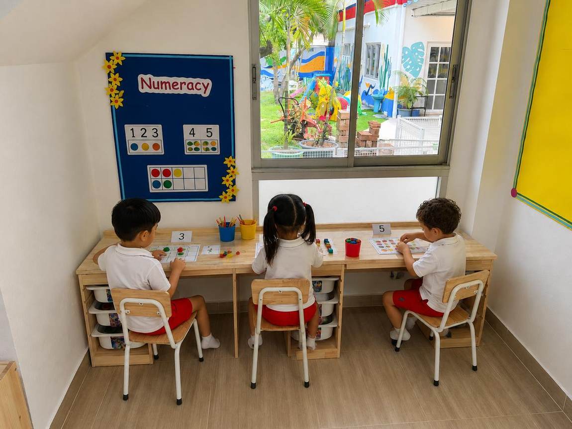 Students working on a numeracy activity at a window desk