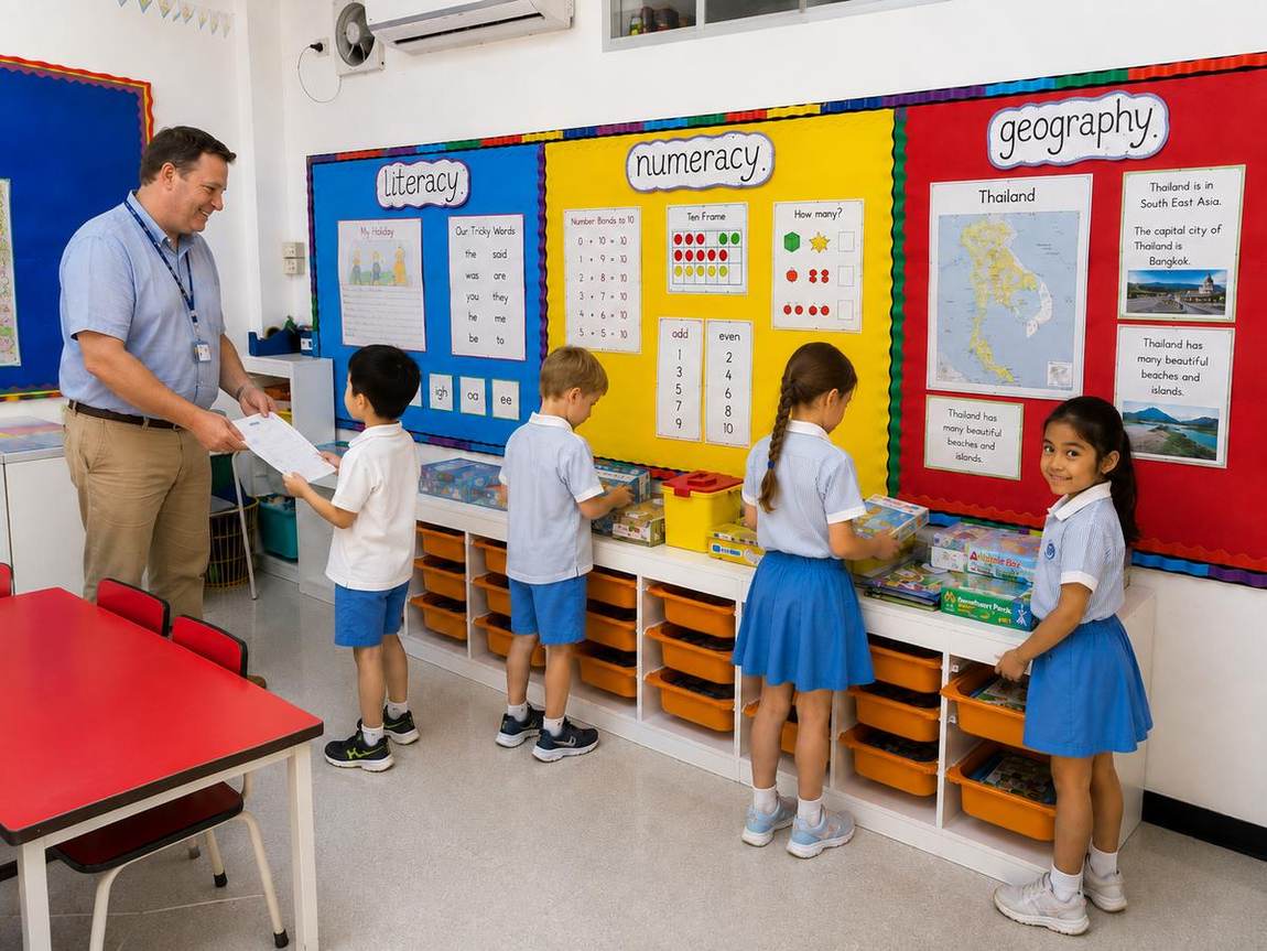 Teacher handing out worksheets in front of literacy, numeracy and geography display boards