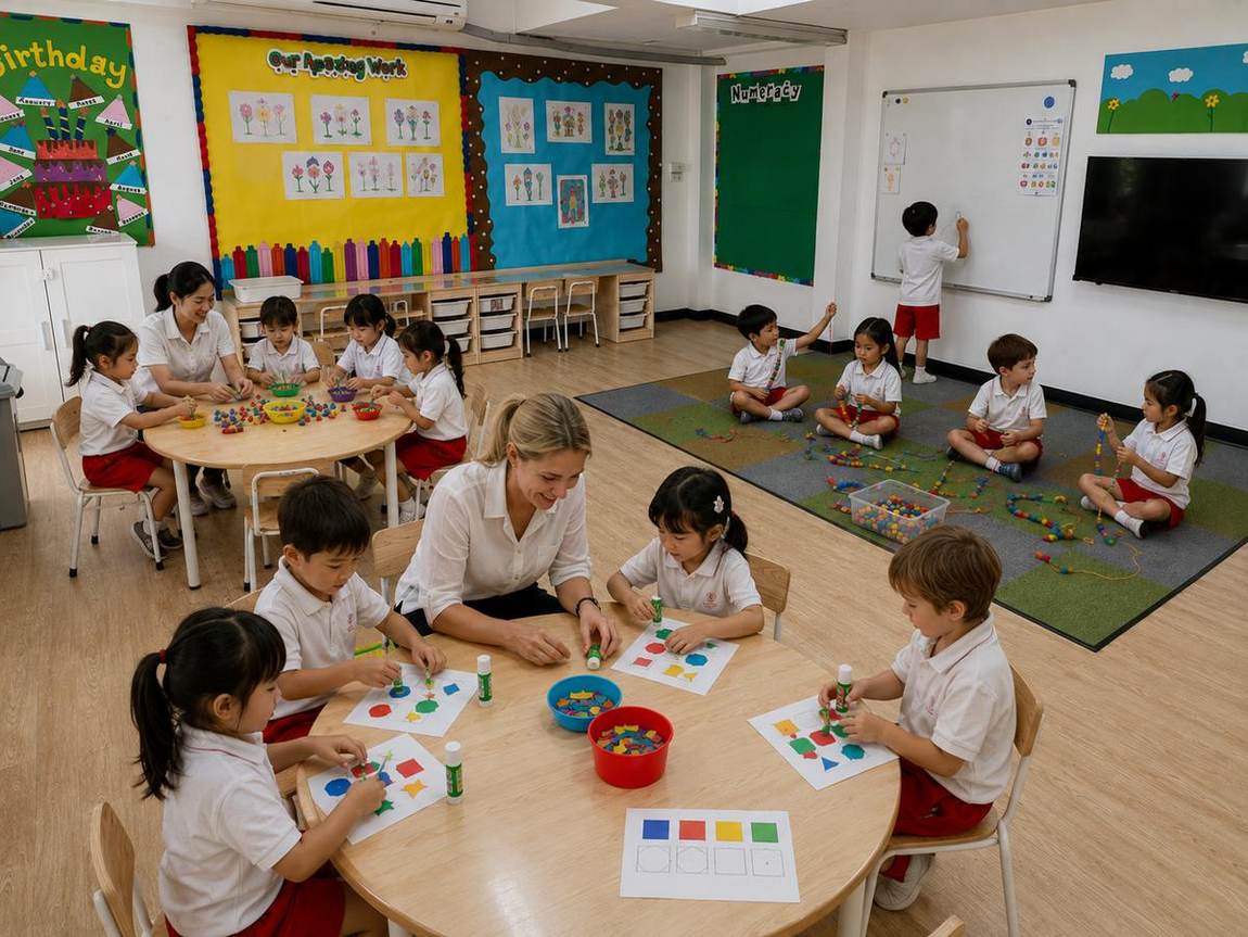 Students threading beads and doing craft activities in the classroom
