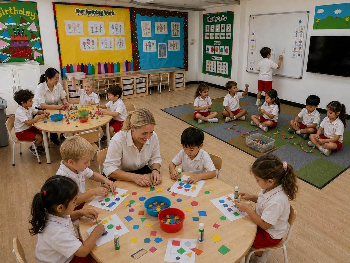 Students working on shapes, beading and whiteboard activities across the classroom