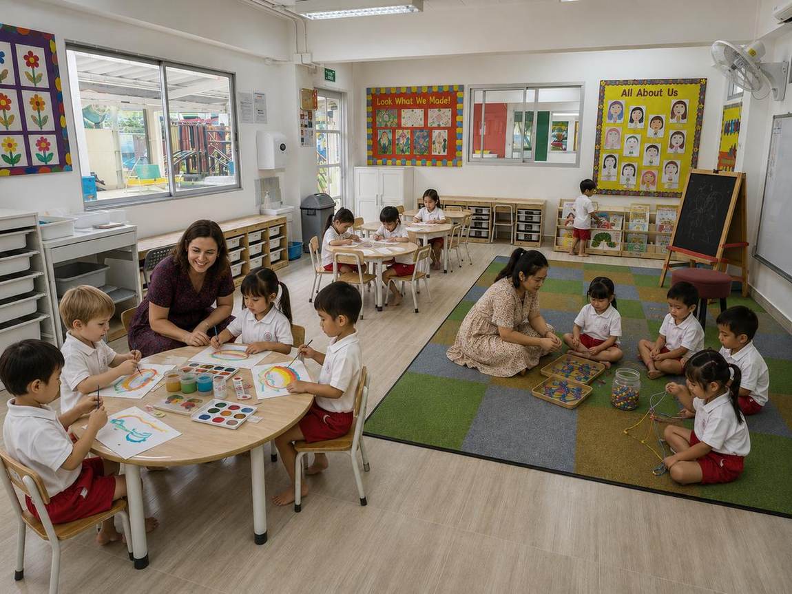 Students painting and doing craft activities with their teachers in the classroom