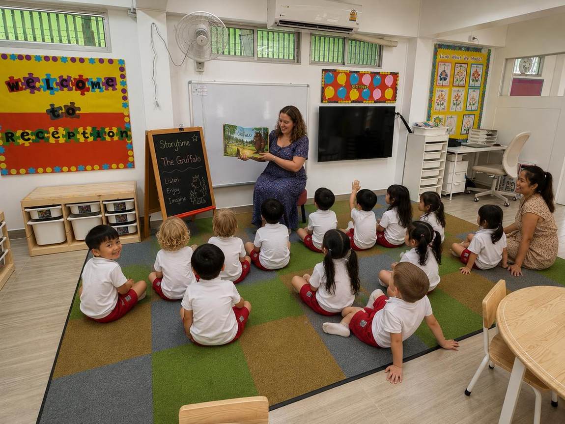 Reception students listening to The Gruffalo during storytime