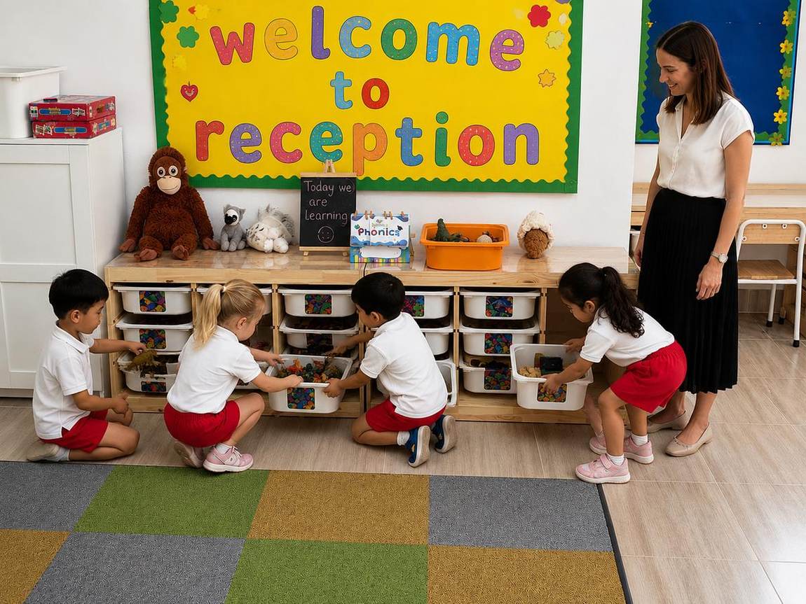 Teacher welcoming Reception students with a puppet at the classroom storage bins