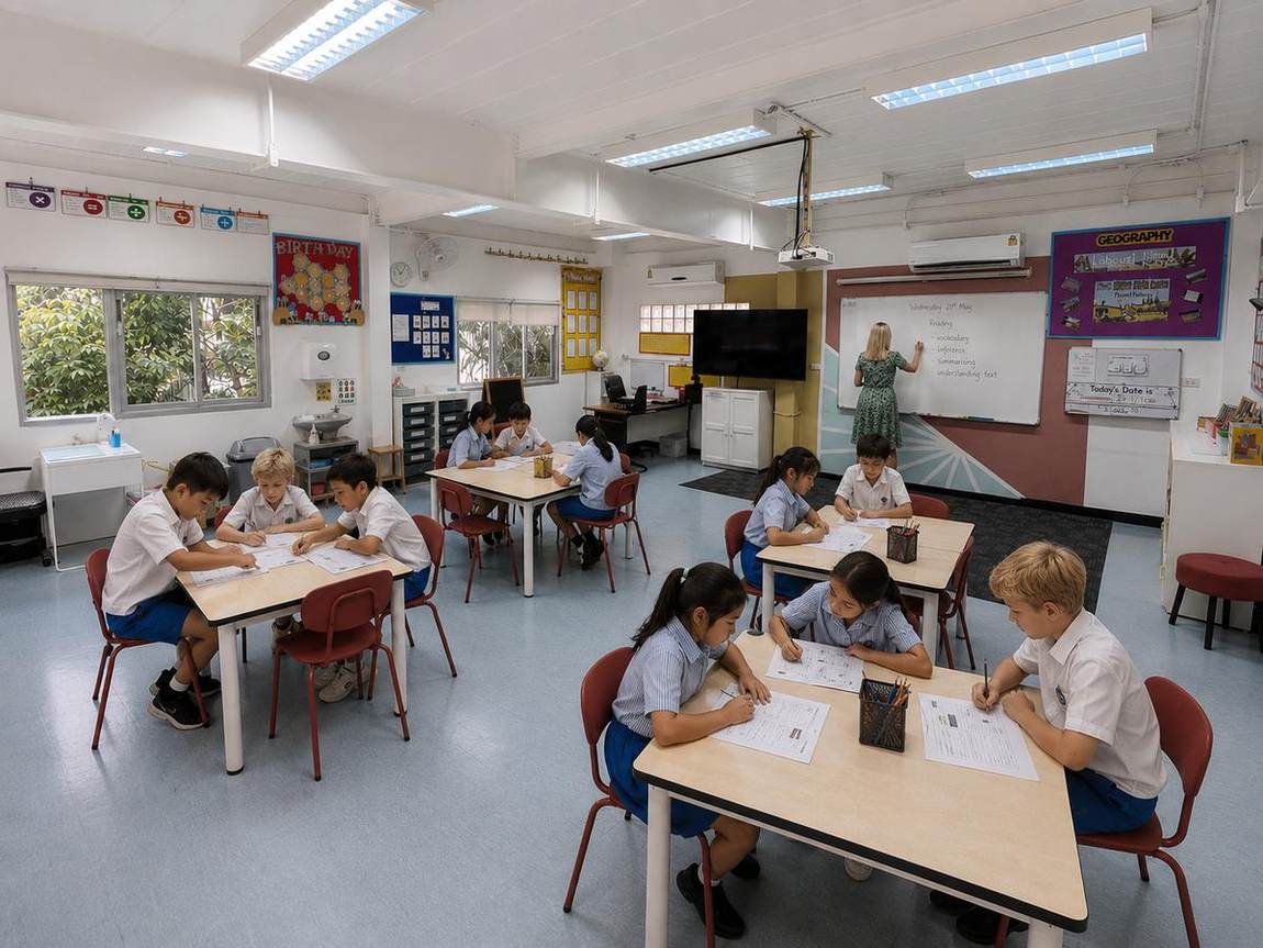 Students working independently at their desks in the classroom