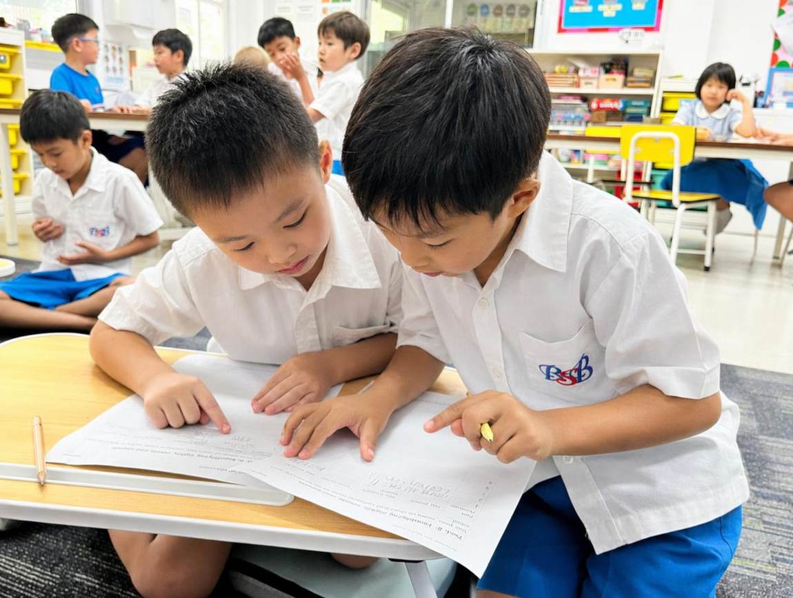 Two students reading together from a book