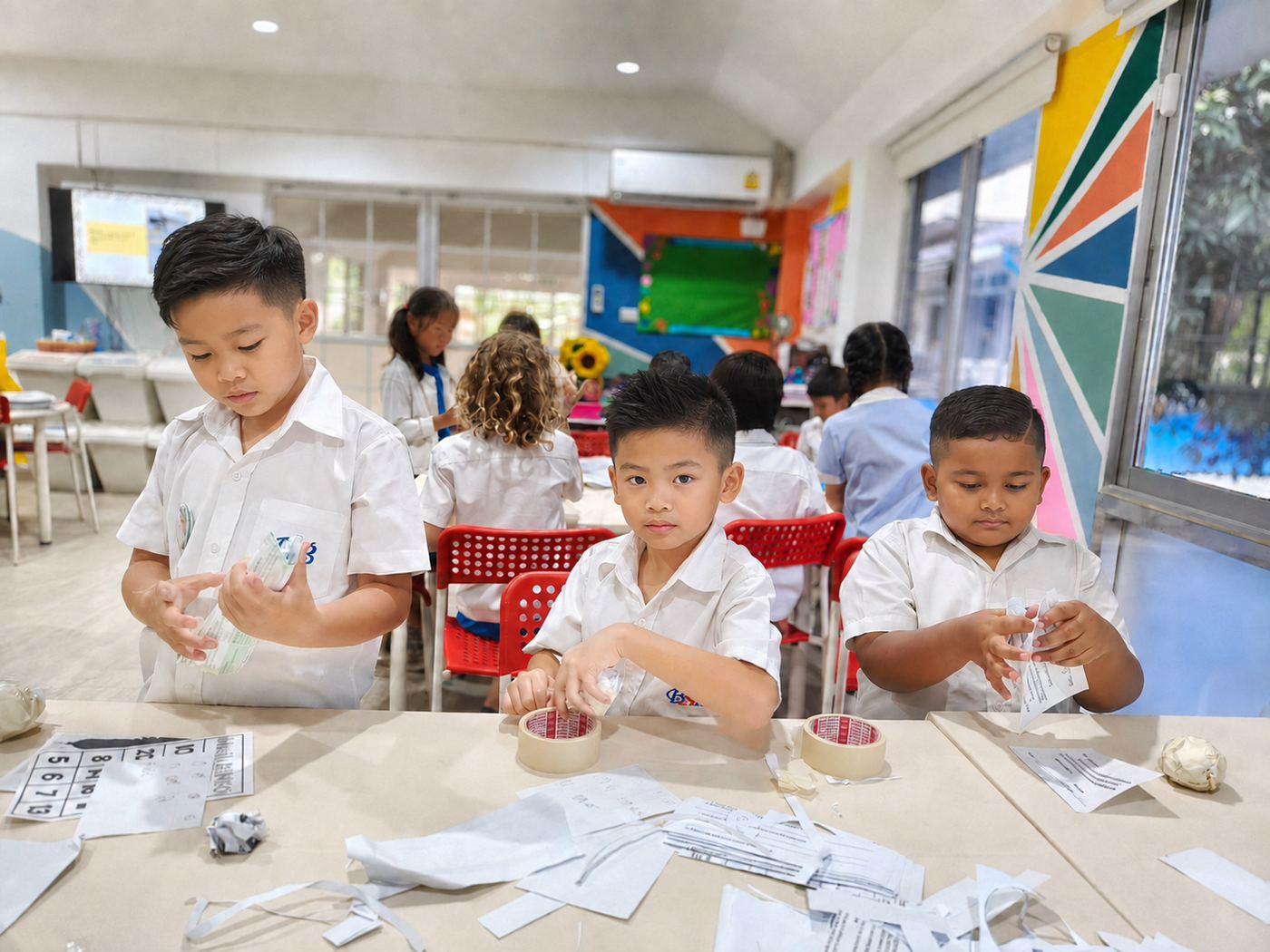 Students assembling a paper and tape craft project