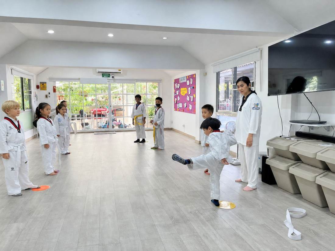 A student practising a kick during Taekwondo