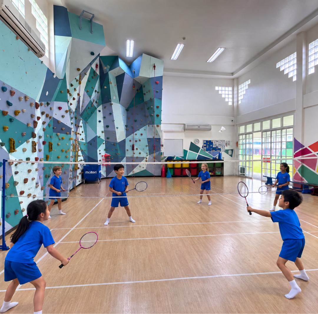 Students playing badminton on the indoor court