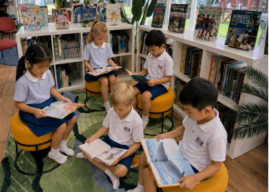 Students reading together among the library shelves