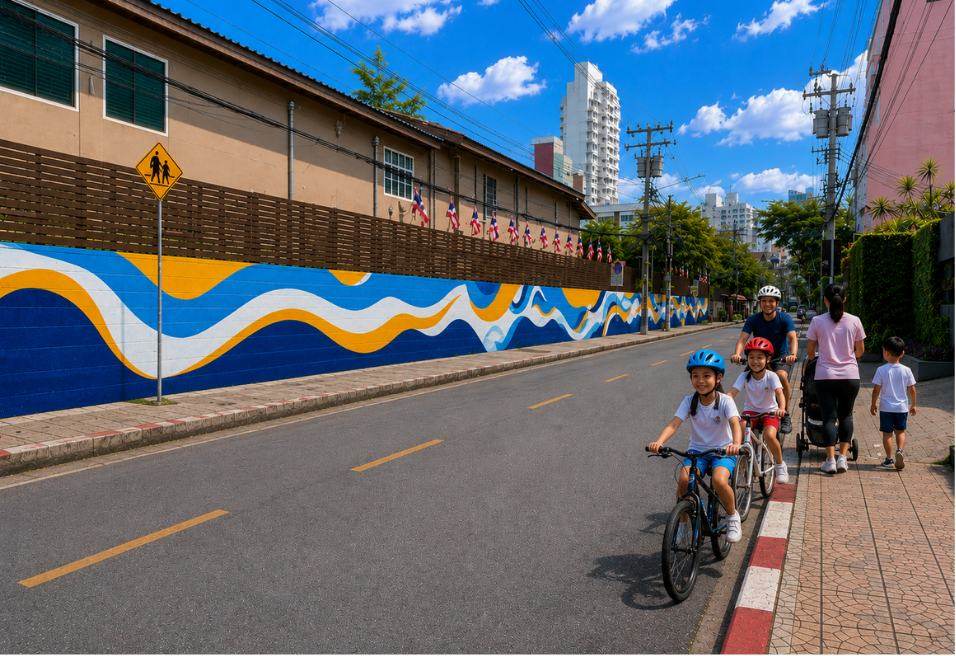 Families passing the school's painted mural wall on the street