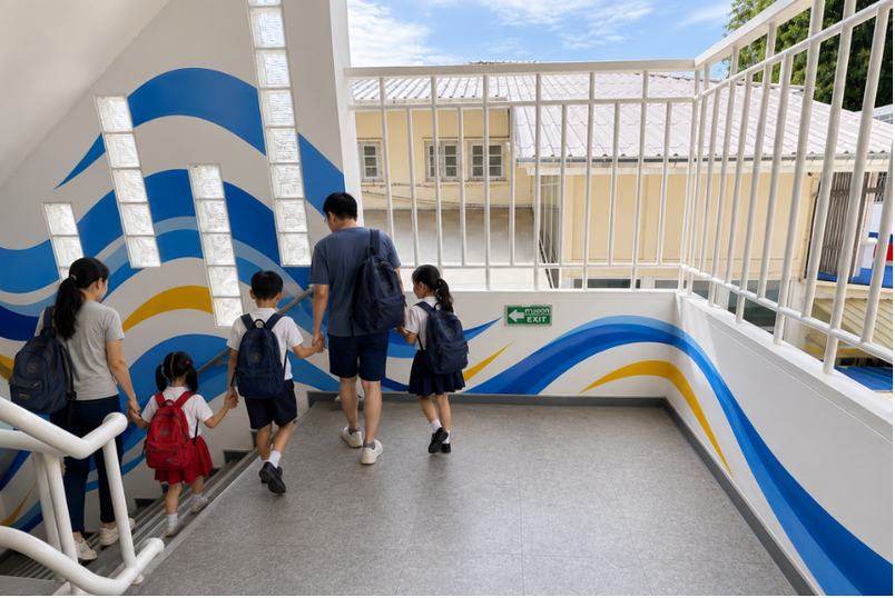 Families walking down the school's painted stairwell