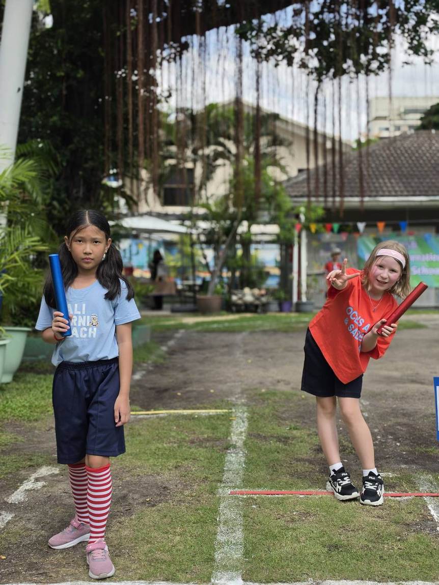 Students playing a ring toss team game on Sports Day