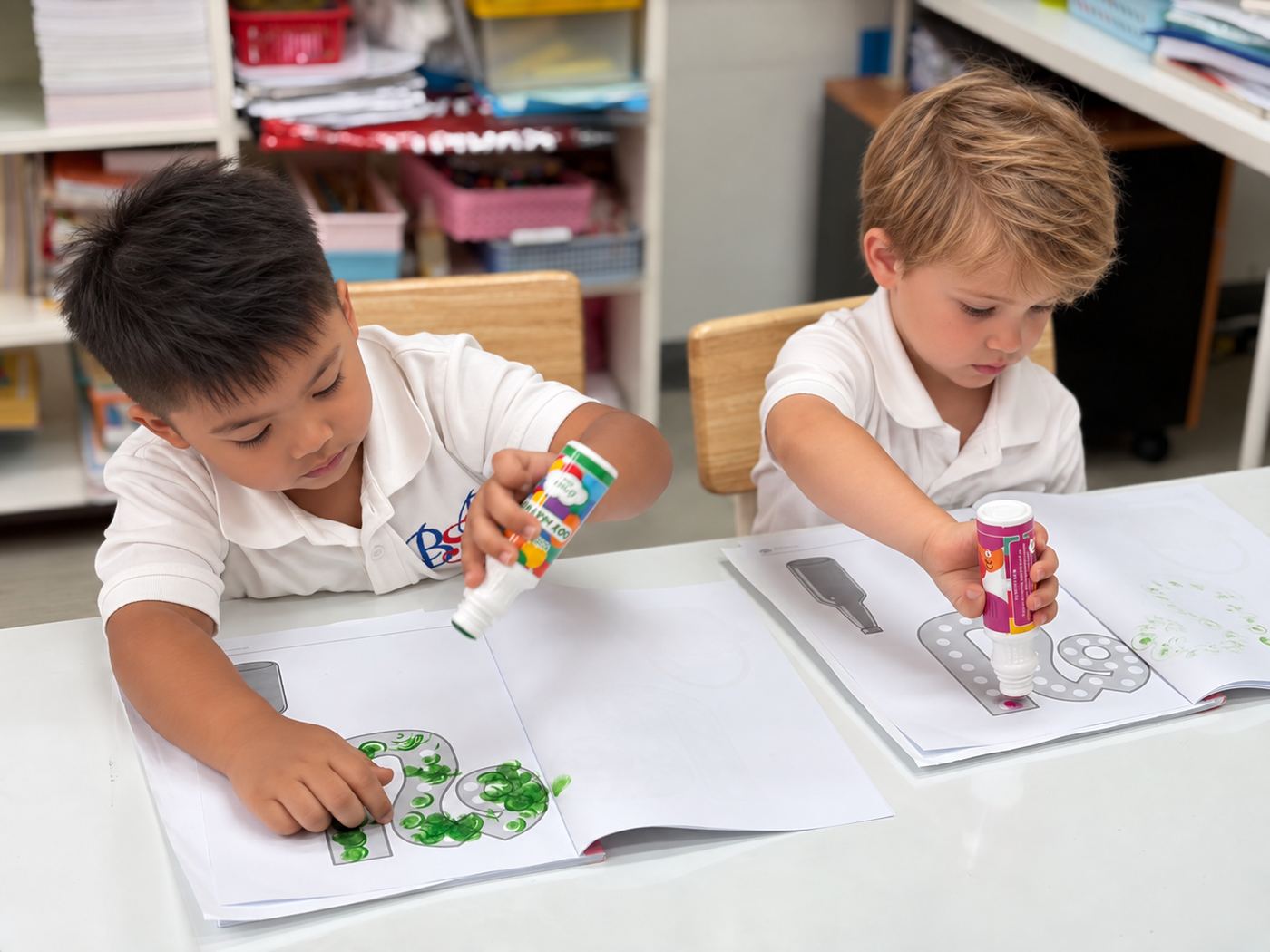Young students practising Thai letter tracing