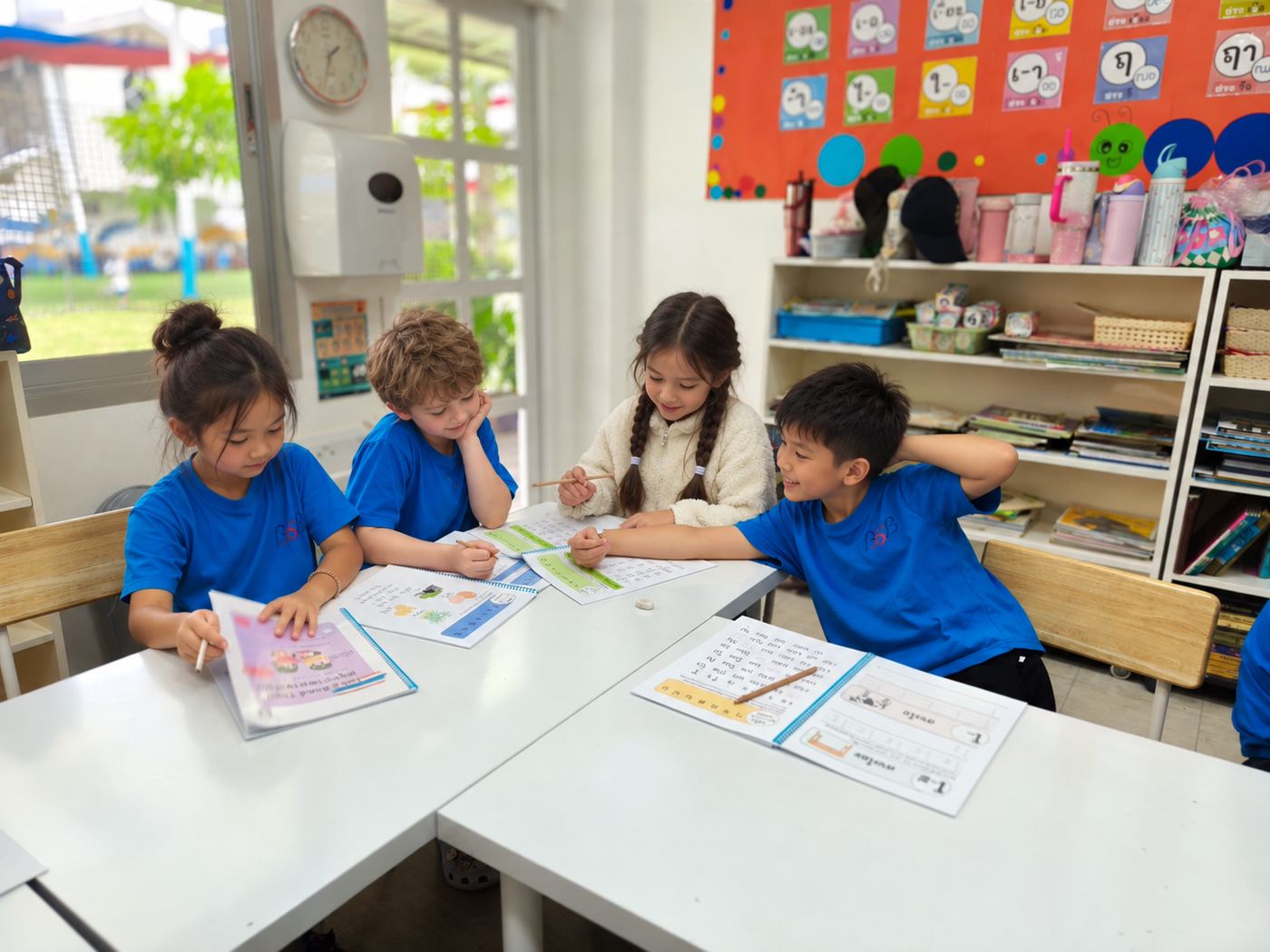 Students completing Thai handwriting worksheets together