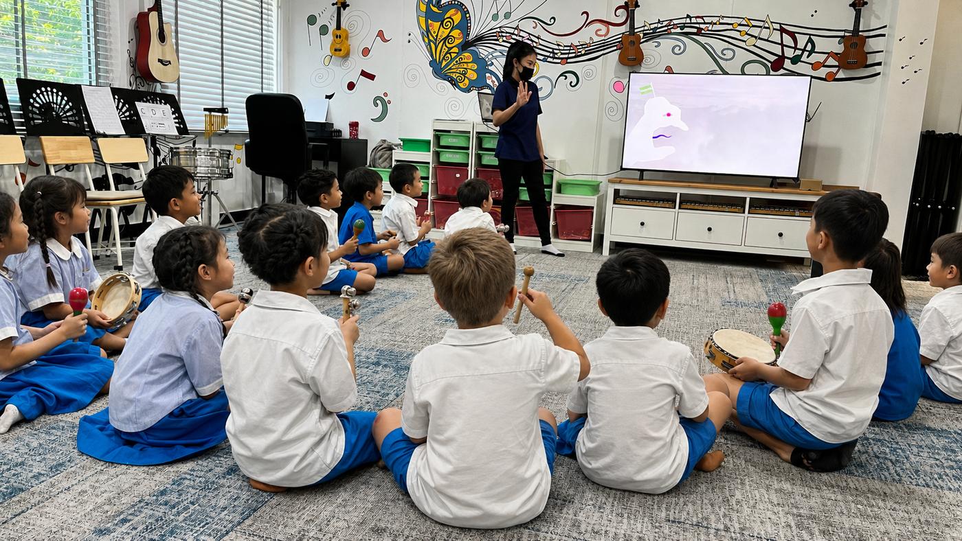 Students sitting in a circle with percussion instruments watching their teacher lead a music lesson
