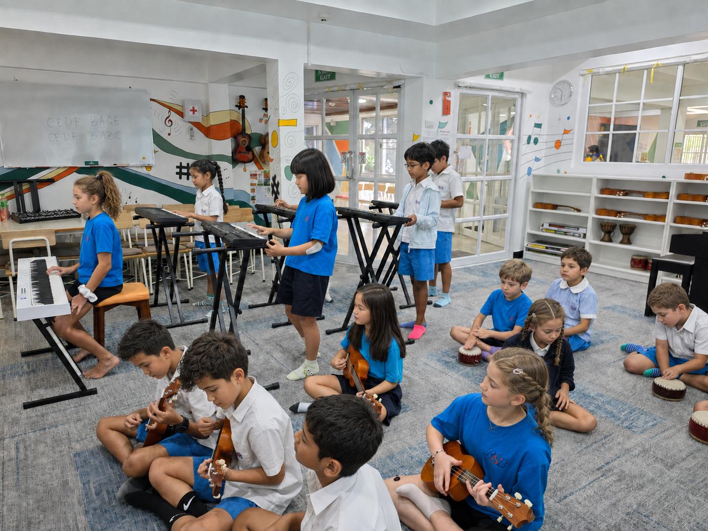 Students playing keyboards and ukuleles together during a music lesson