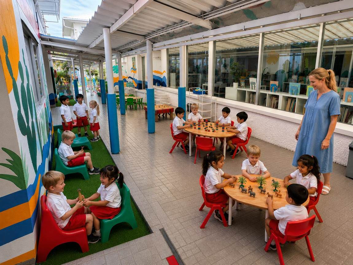 Early Years students playing together in the outdoor breakout area