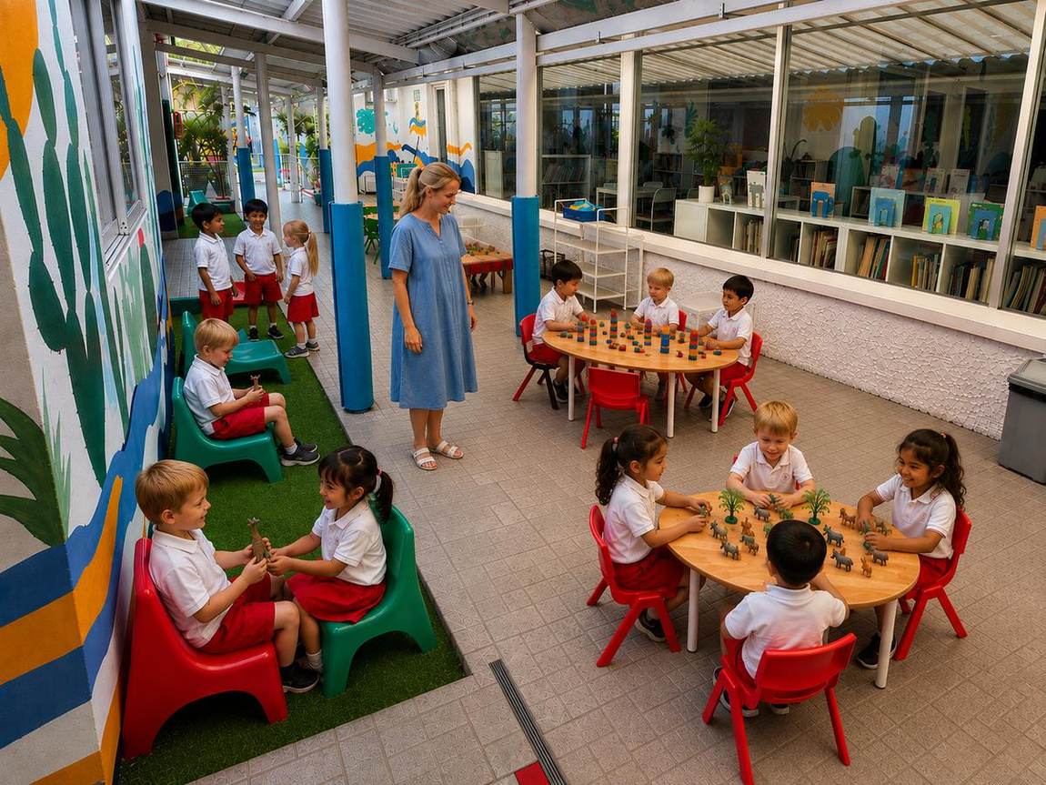 Students doing craft activities together along a covered walkway