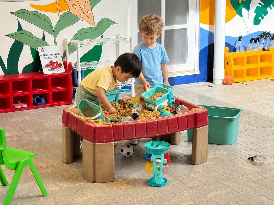 Nursery students exploring a sensory play table together