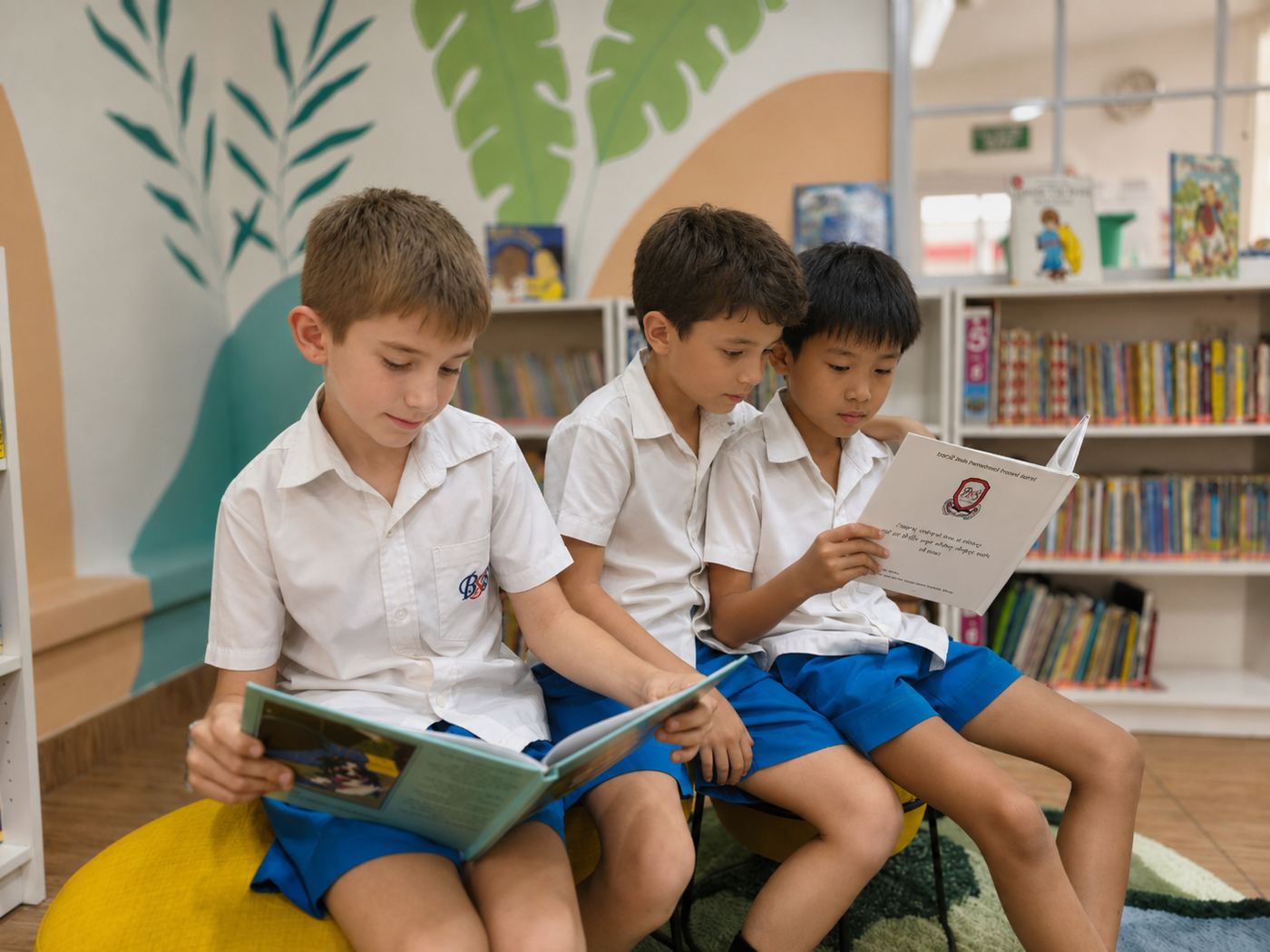 Students reading together on library seating