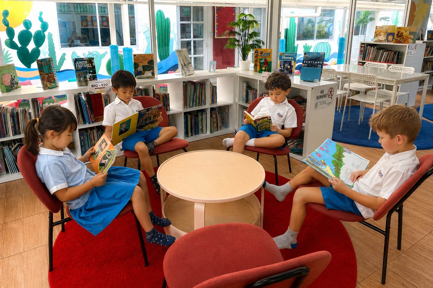 Students reading together in a group in the library