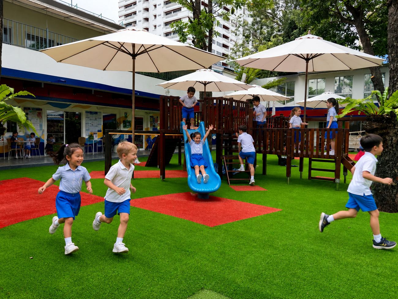 Students running and playing together after school on the BSB playground