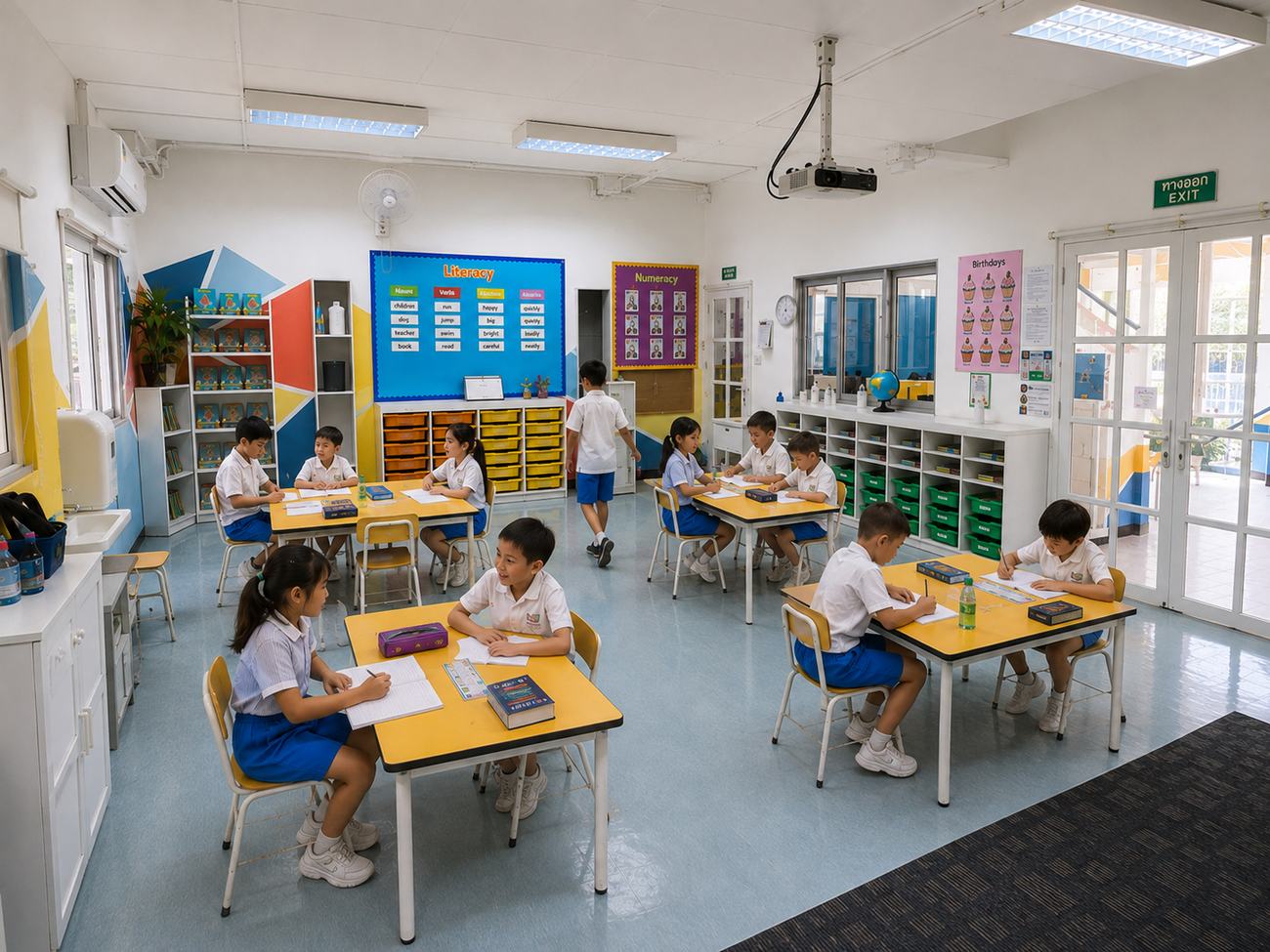 Students working together at their desks during a literacy and numeracy lesson