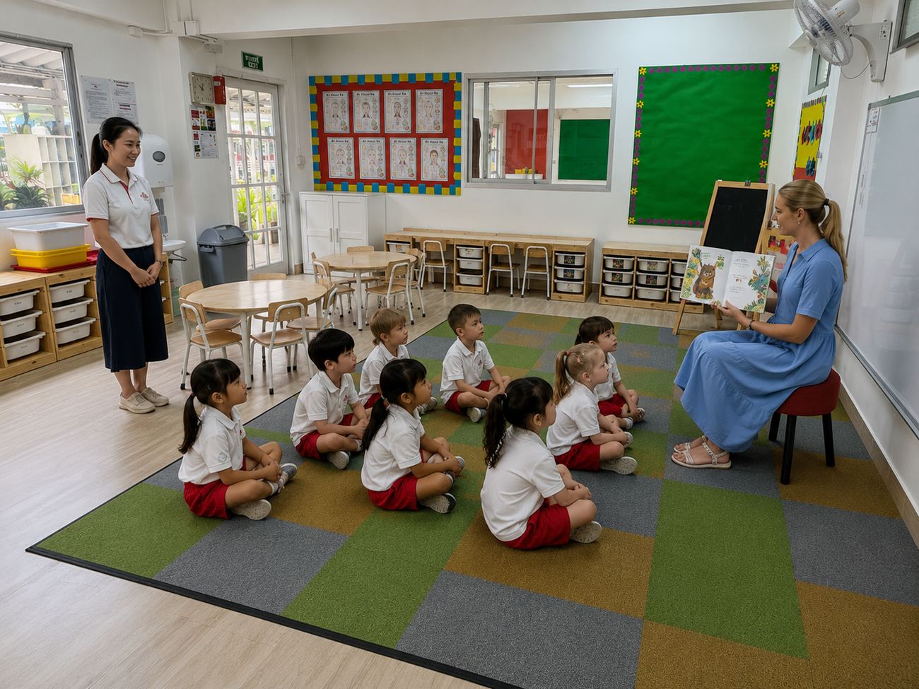 Reception students listening to a story together with their teachers