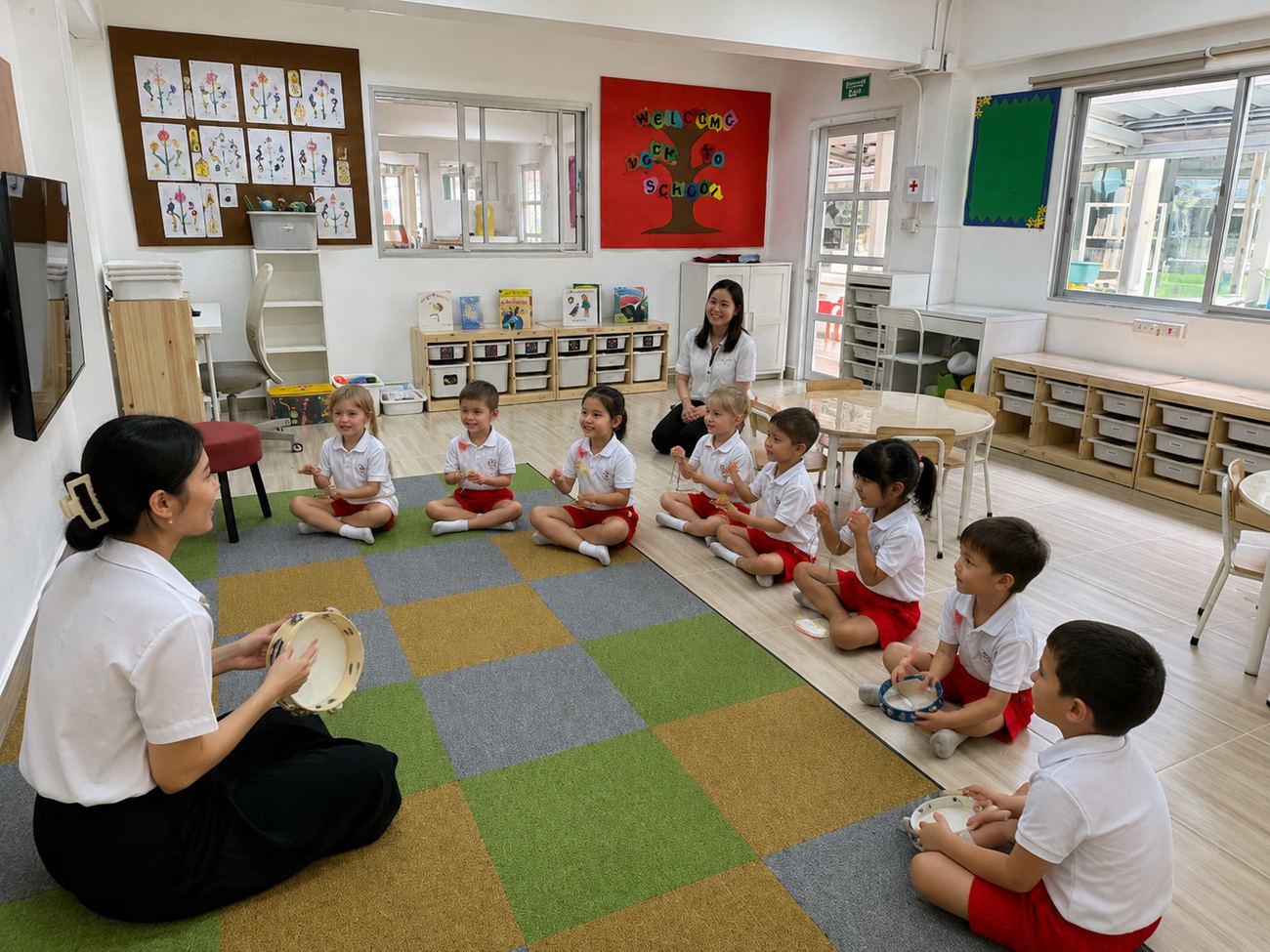 Students playing tambourines together during a music and movement session
