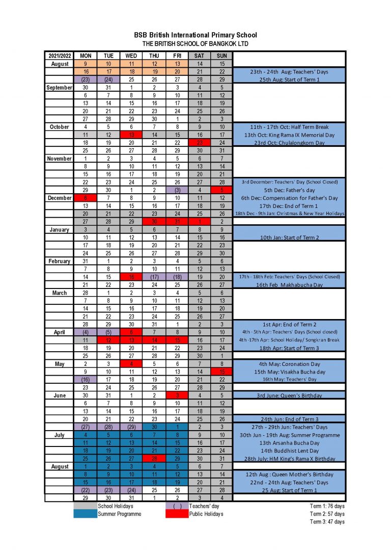 BSB Calendar 2021_2022  BSB British International Primary School