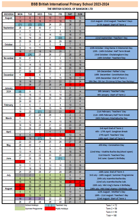 School Calendar SY 2023/2024 BSB British International Primary School