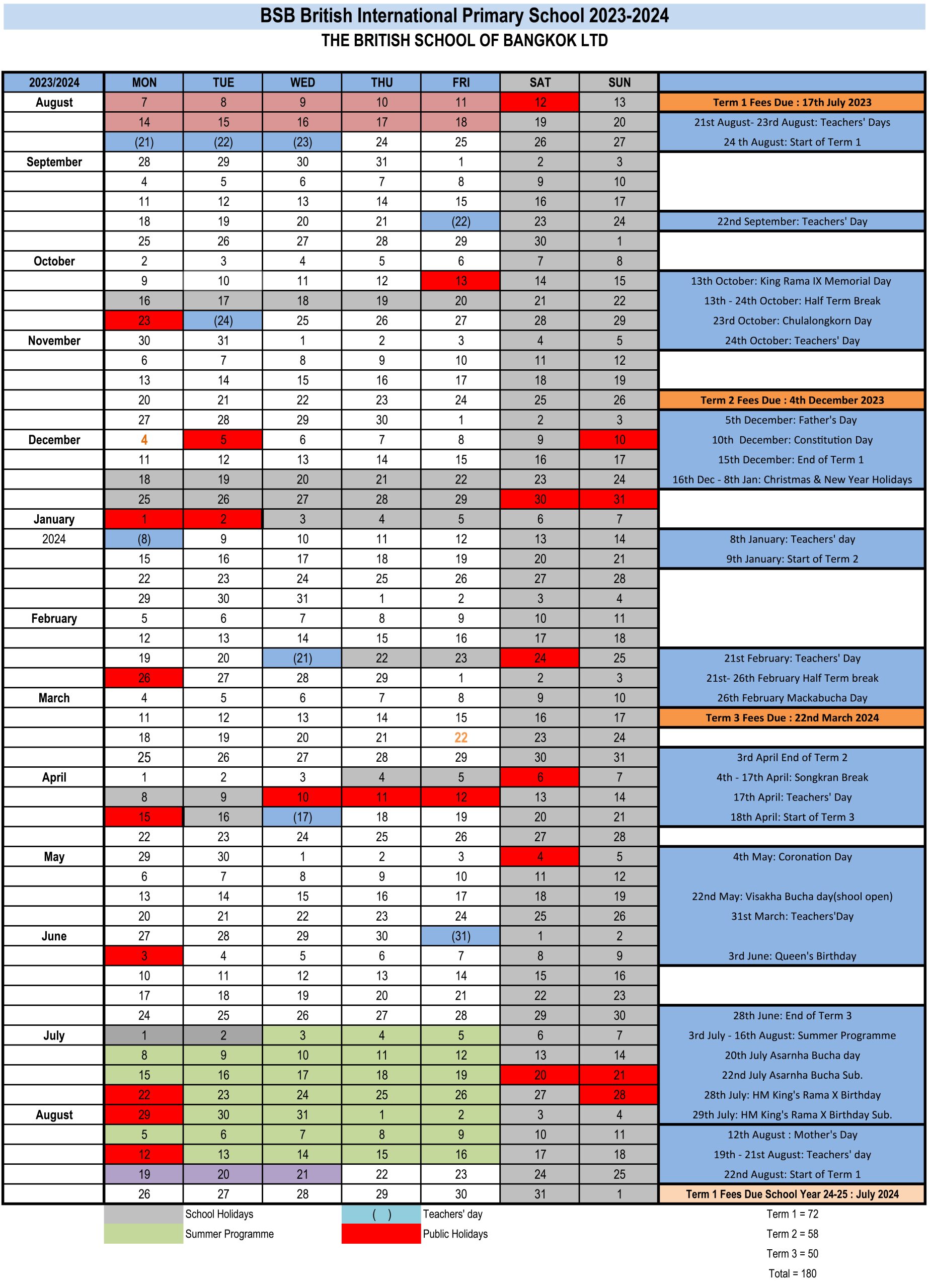 School Calendar BSB British International Primary School