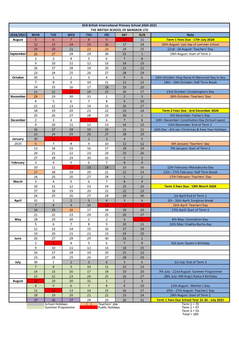 School Calendar BSB British International Primary School